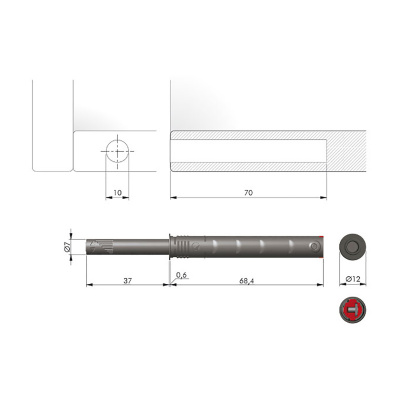 Відштовхувач K-Push L=37мм врізний з магнітом, сірий, Italiana Ferramenta