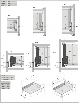 Ящик Atira Compact п/в Серый L470 B144, с 1 релингом, с доводчиком /EB=12,5 мм (19025)