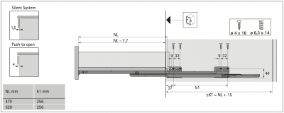 Напрямна Quadro Compact для Atira п/в L=470 мм, з дотягувачем Silent System, EB=12,5мм, права (9311545)